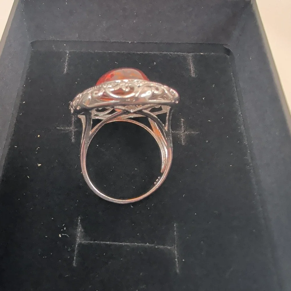 STS Jewels Sterling Silver & Cognac Amber Pebbled Filigree Statement Ring